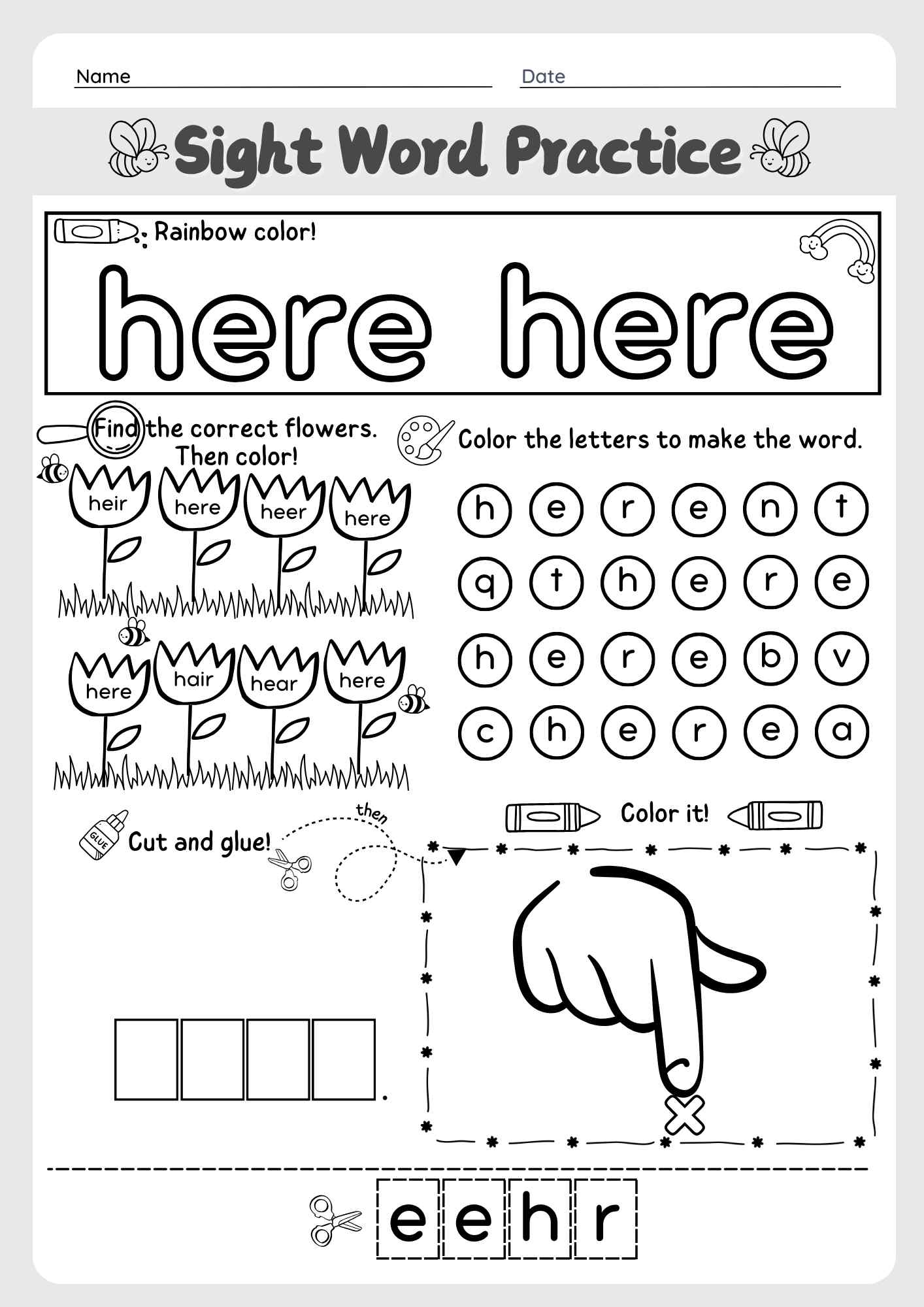 The Word "Here" Sight Word Cut and Paste Worksheet for Early Learners Pre K